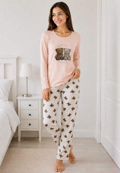 Pijama de damă cu bluză cu maneca lunga și pantaloni lung -roz pudra ,Engros